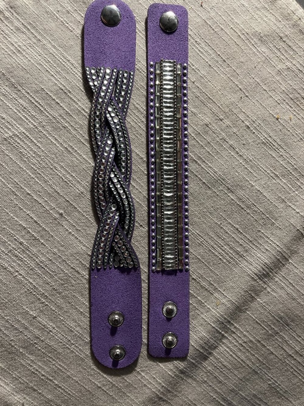 Set of 2 Purple Faux Suede Rhinestone Studded Cuff Snap Bracelets